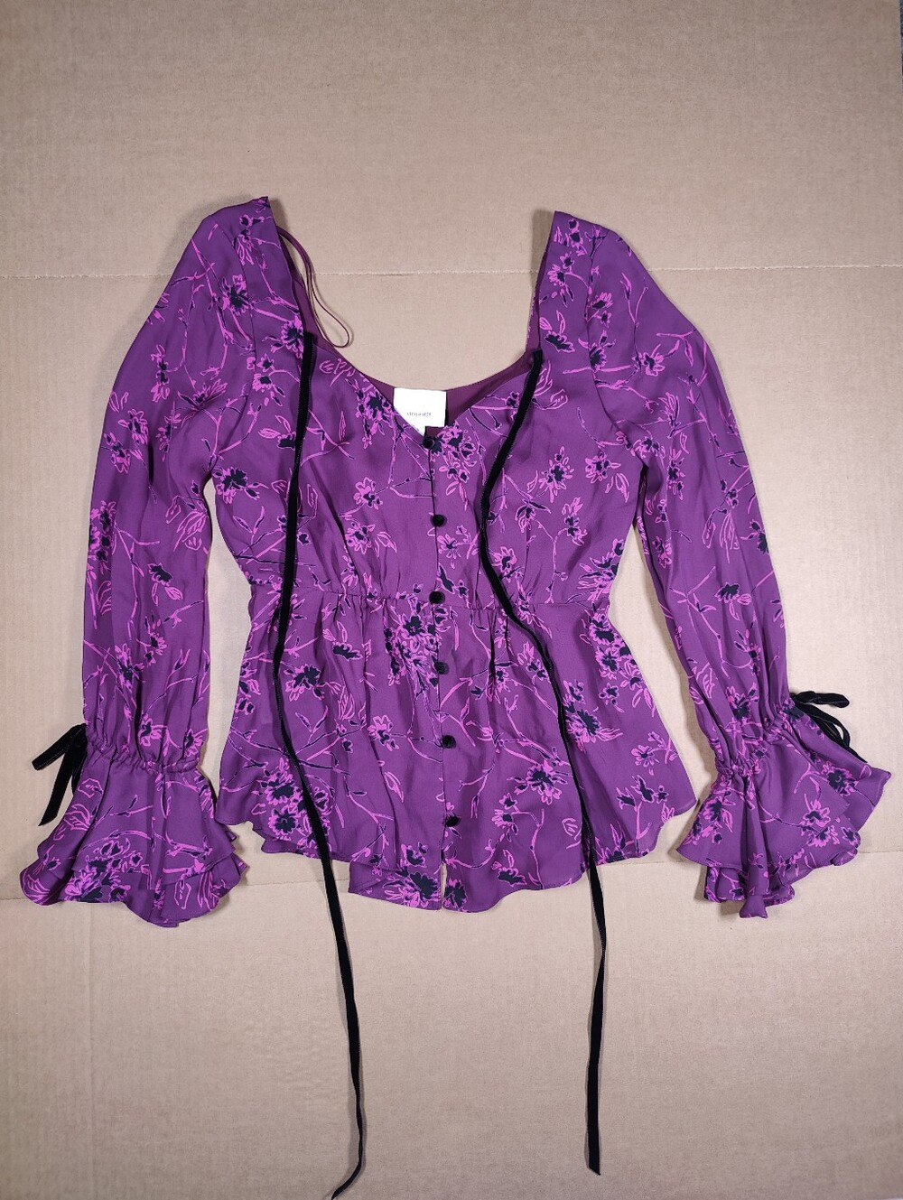 Cinq A Sept Mable Purple Floral 100% Silk Bell Sleeve Blouse Black Ties Size S